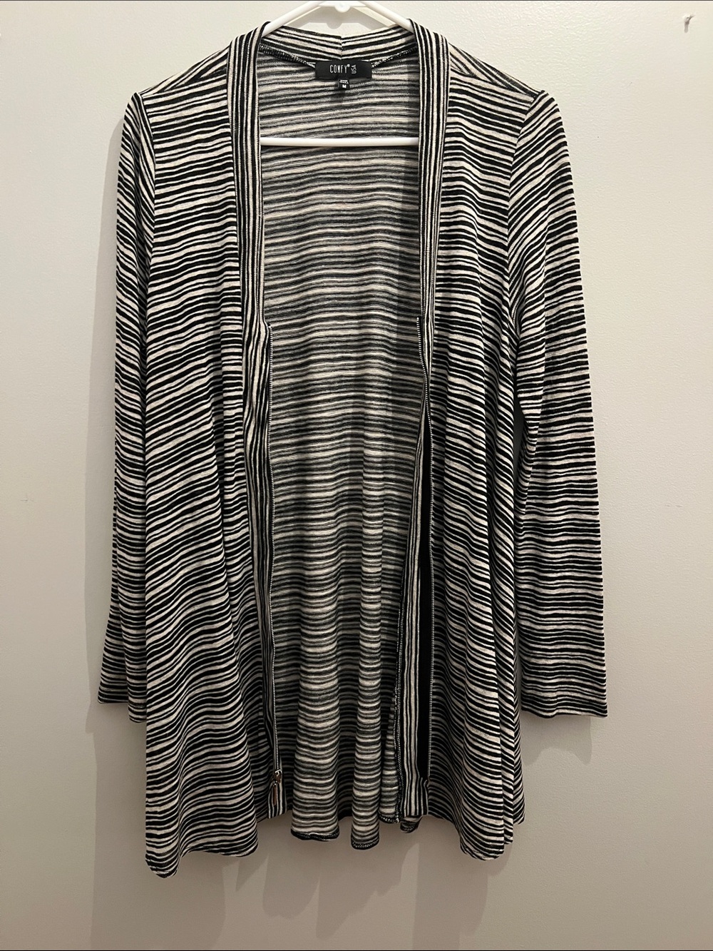 Black & White Striped Zip-Up Lightweight Cardigan - Women’s Size M - Comfy USA